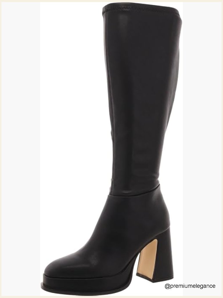 Knee High Platform Boots Round Toe Block Heel Vegan Leather Motorcycle Zip
